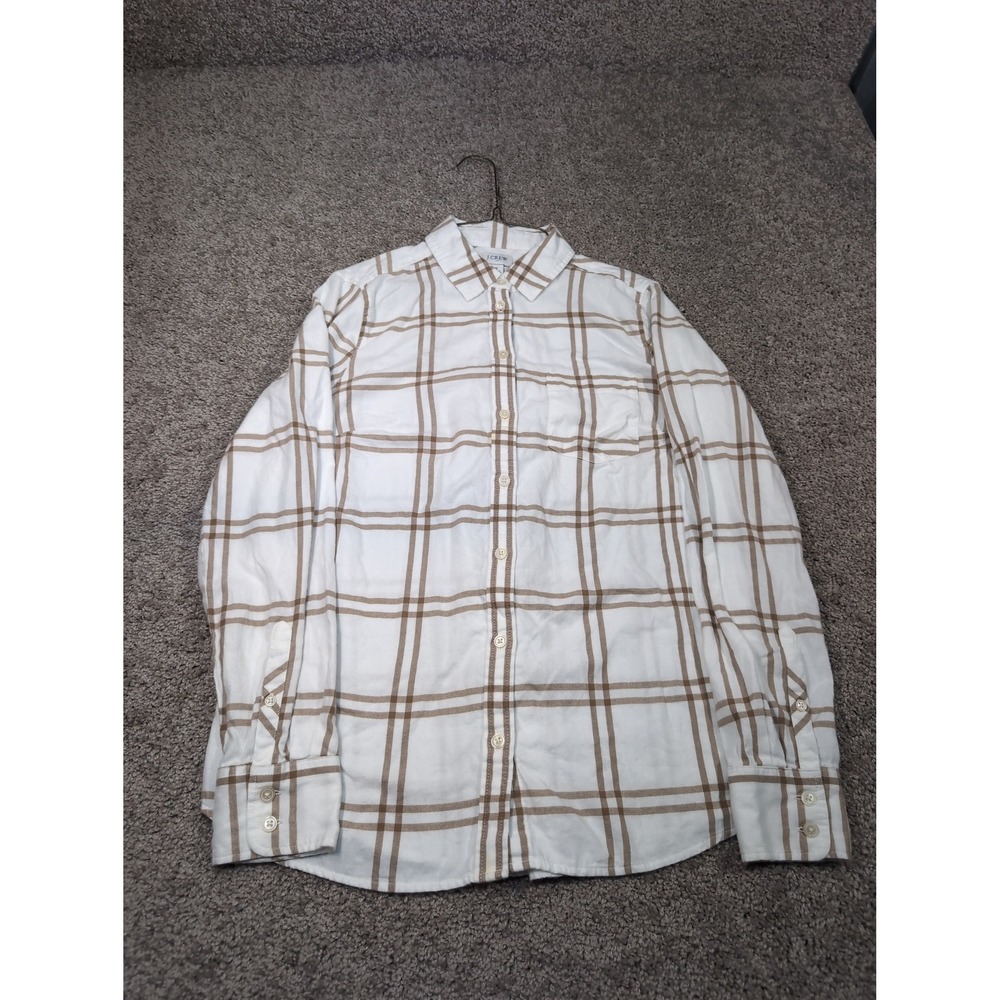 J.Crew Womens Small White Tan Plaid Button Down Long Sleeve Shirt Pocket Regular